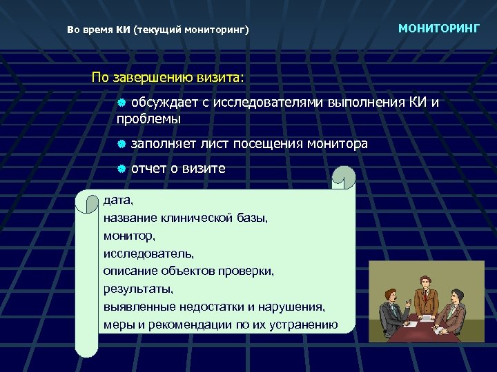 Во время КИ (текущий мониторинг) МОНИТОРИНГ По завершению визита: обсуждает с исследователями выполнения КИ