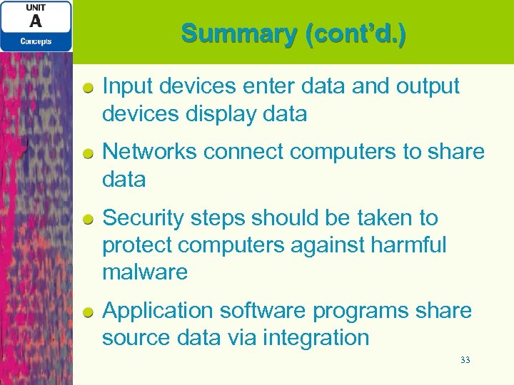 Summary (cont’d. ) Input devices enter data and output devices display data Networks connect