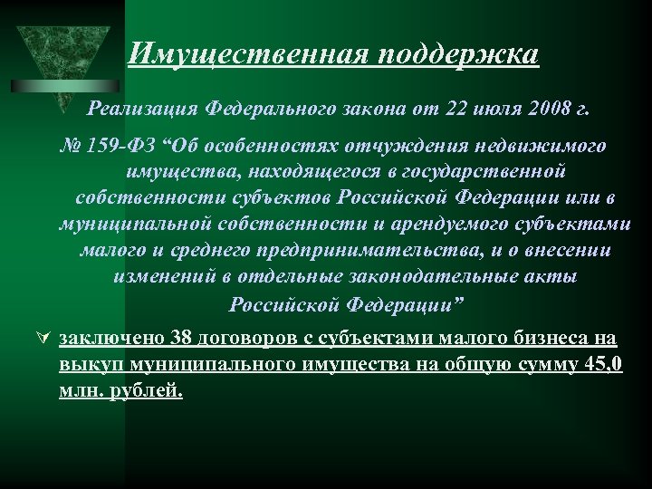 Имущественная поддержка Реализация Федерального закона от 22 июля 2008 г. № 159 -ФЗ “Об