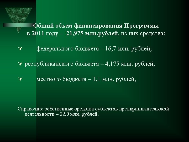 Общий объем финансирования Программы в 2011 году – 21, 975 млн. рублей, из них