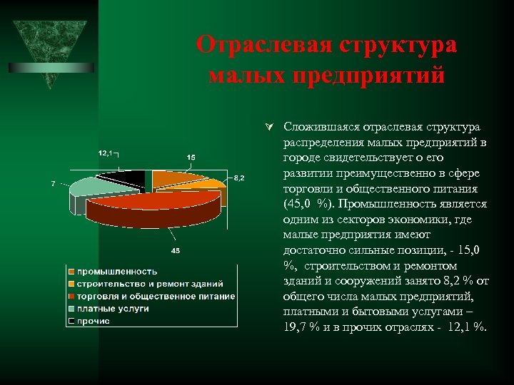 Отраслевая структура малых предприятий Сложившаяся отраслевая структура распределения малых предприятий в городе свидетельствует о