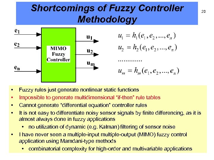 Shortcomings of Fuzzy Controller Methodology • • • Fuzzy rules just generate nonlinear static