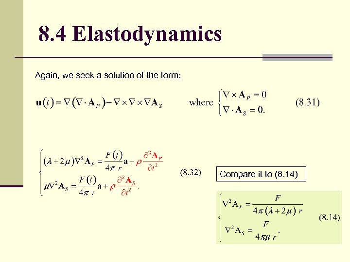 8. 4 Elastodynamics Again, we seek a solution of the form: Compare it to