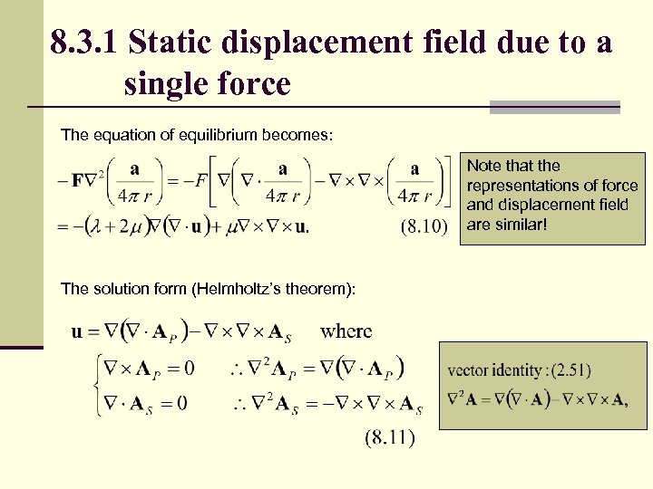 8. 3. 1 Static displacement field due to a single force The equation of