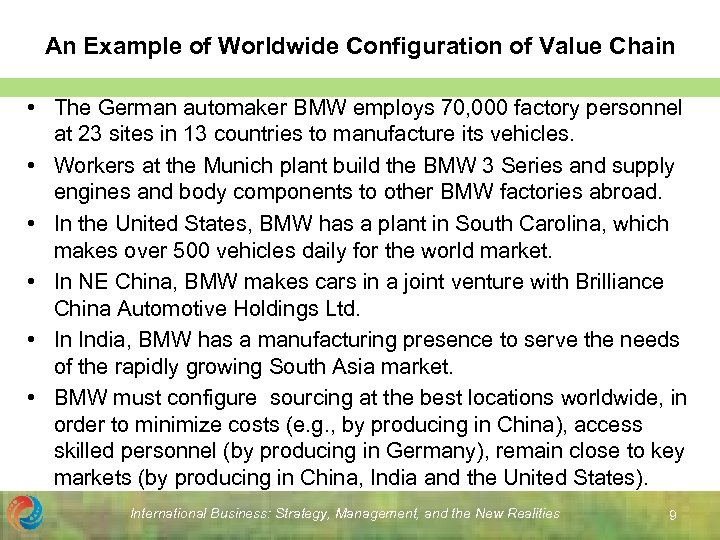 An Example of Worldwide Configuration of Value Chain • The German automaker BMW employs