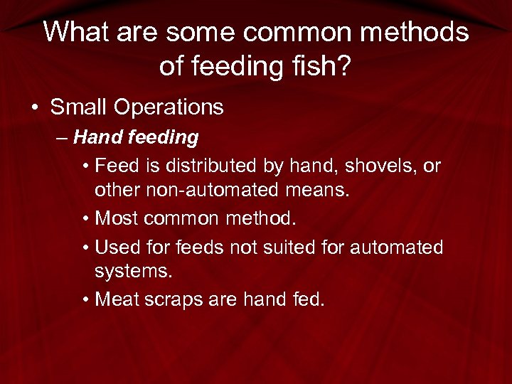 What are some common methods of feeding fish? • Small Operations – Hand feeding