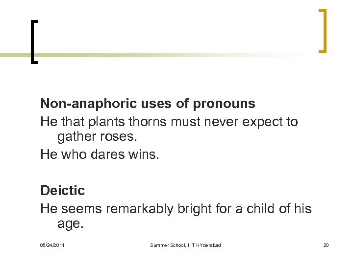 Non-anaphoric uses of pronouns He that plants thorns must never expect to gather roses.