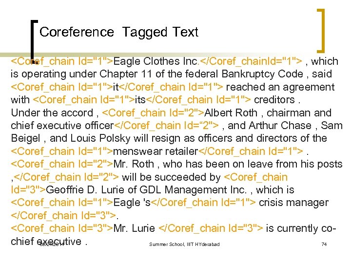 Coreference Tagged Text <Coref_chain Id="1">Eagle Clothes Inc. </Coref_chain. Id="1"> , which is operating under