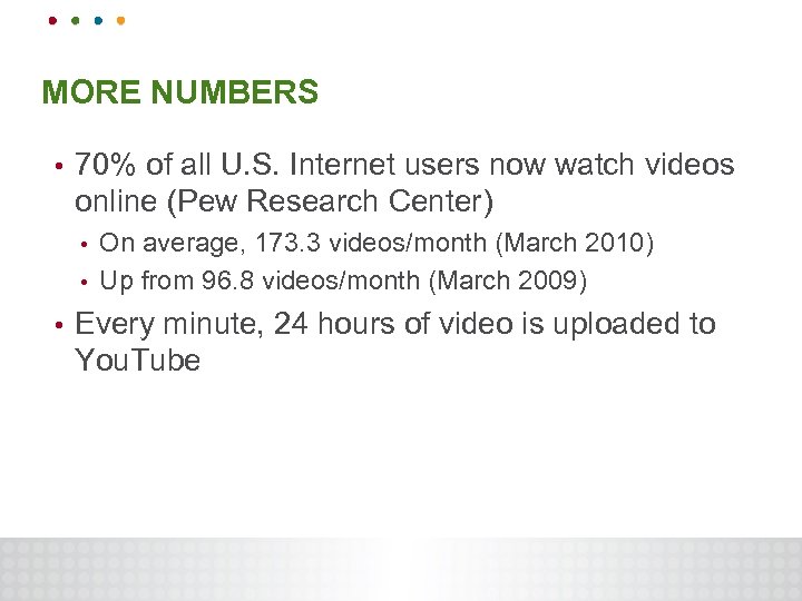 MORE NUMBERS • 70% of all U. S. Internet users now watch videos online