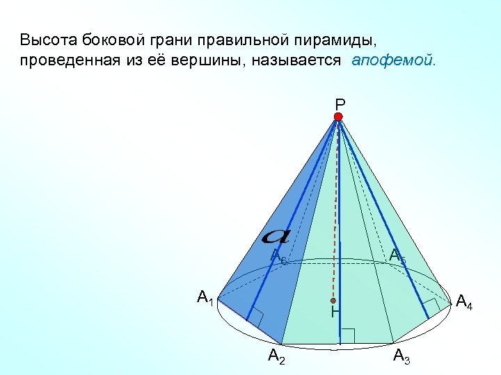 Высота боковой грани правильной пирамиды, проведенная из её вершины, называется апофемой. Р А 6