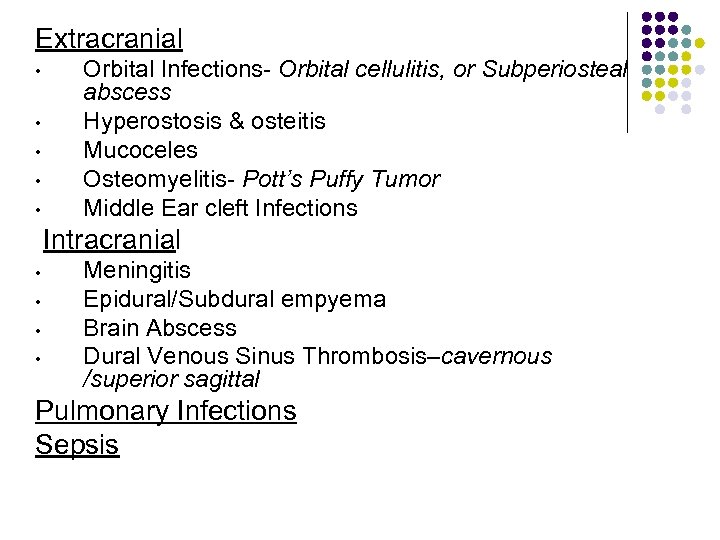 Extracranial • • • Orbital Infections- Orbital cellulitis, or Subperiosteal abscess Hyperostosis & osteitis