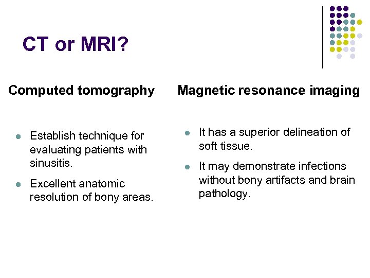 CT or MRI? Computed tomography l l Establish technique for evaluating patients with sinusitis.