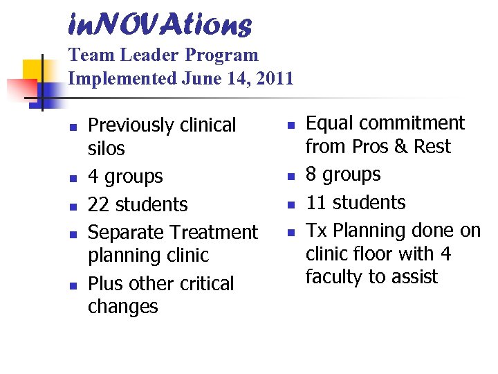 in. NOVAtions Team Leader Program Implemented June 14, 2011 n n n Previously clinical