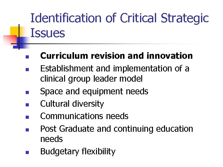 Identification of Critical Strategic Issues n n n n Curriculum revision and innovation Establishment