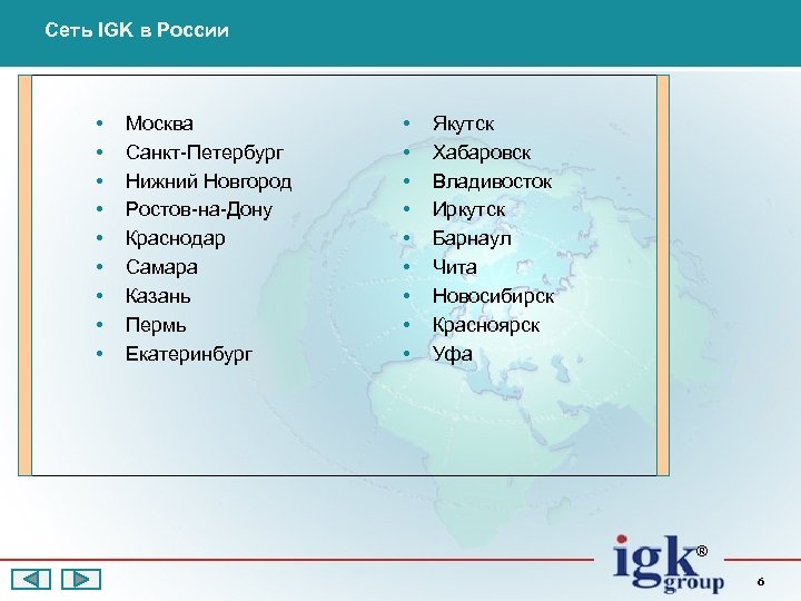 Сеть IGK в России • • • Москва Санкт-Петербург Нижний Новгород Ростов-на-Дону Краснодар Самара