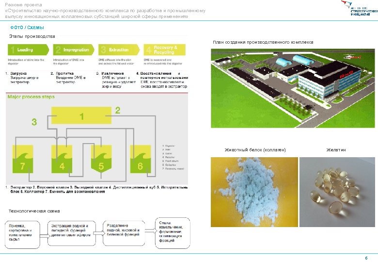 Резюме проекта «Строительство научно-производственного комплекса по разработке и промышленному выпуску инновационных коллагеновых субстанций широкой