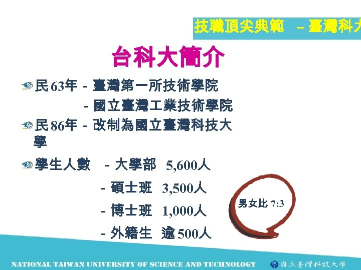 技職頂尖典範 – 臺灣科大 台科大簡介 民 63年－臺灣第一所技術學院 －國立臺灣 業技術學院 民 86年－改制為國立臺灣科技大 學 學生人數 －大學部 5,