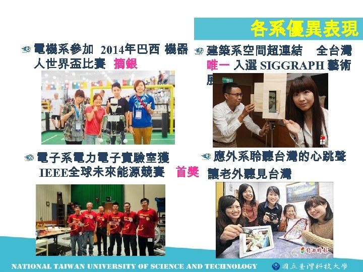 各系優異表現 電機系參加 2014年巴西 機器 人世界盃比賽 摘銀 建築系空間超連結 全台灣 唯一 入選 SIGGRAPH 藝術 展 應外系聆聽台灣的心跳聲