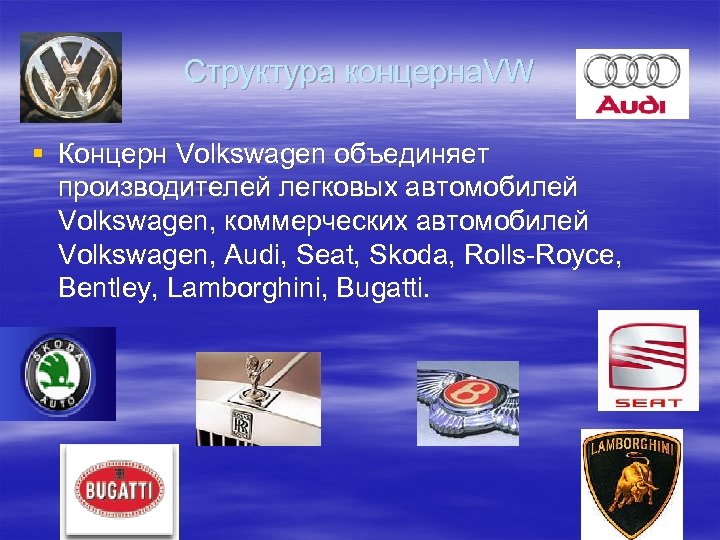 Структура концерна. VW § Концерн Volkswagen объединяет производителей легковых автомобилей Volkswagen, коммерческих автомобилей Volkswagen,