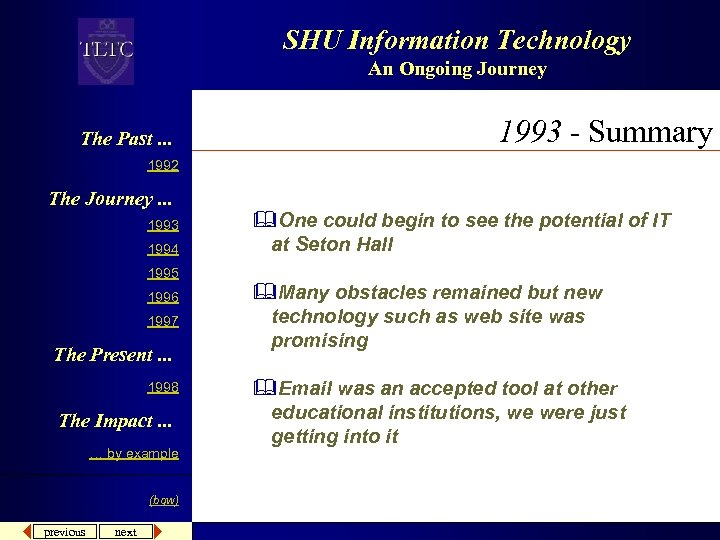 SHU Information Technology An Ongoing Journey The Past. . . 1993 - Summary 1992