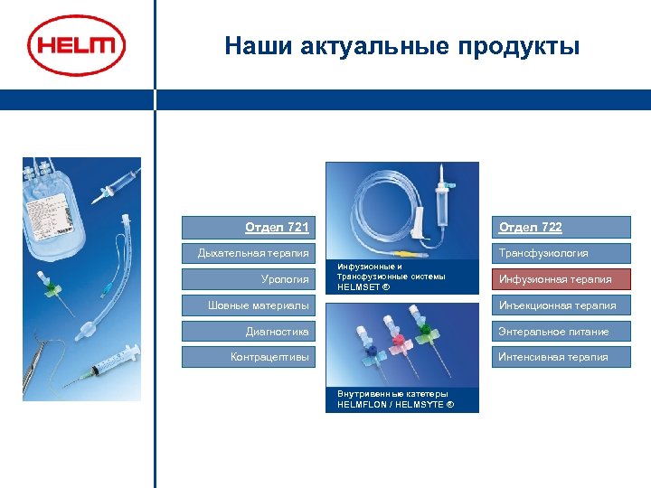 Наши актуальные продукты Отдел 722 Отдел 721 Дыхательная терапия Урология Трансфузиология Инфузионные и Трансфузионные