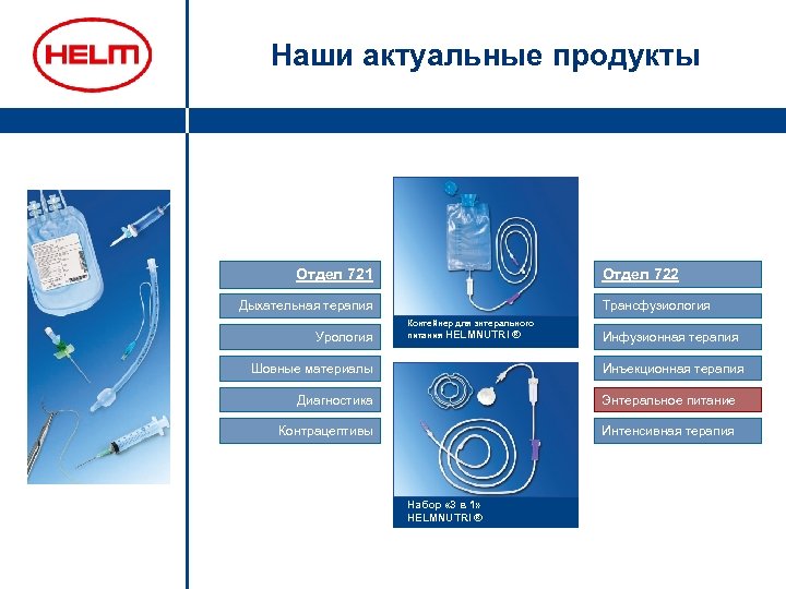 Наши актуальные продукты Отдел 722 Отдел 721 Дыхательная терапия Урология Трансфузиология Контейнер для энтерального