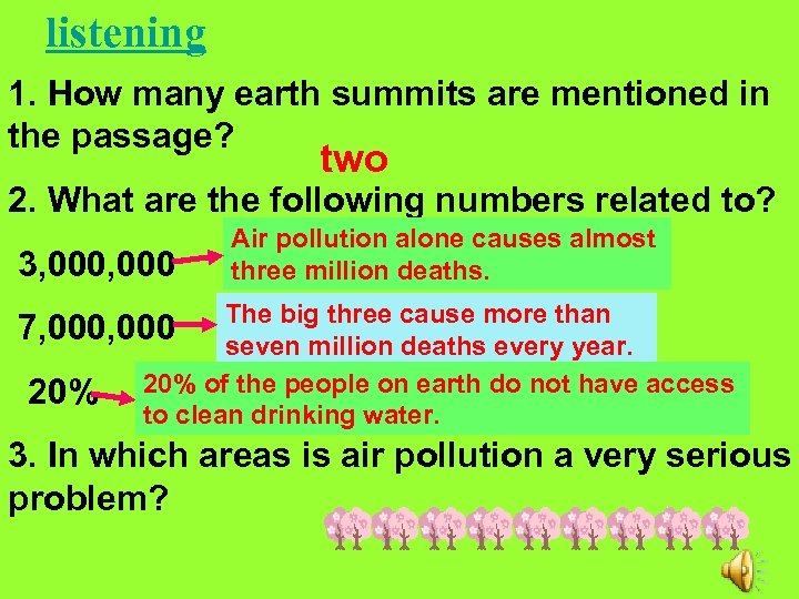 listening 1. How many earth summits are mentioned in the passage? two 2. What