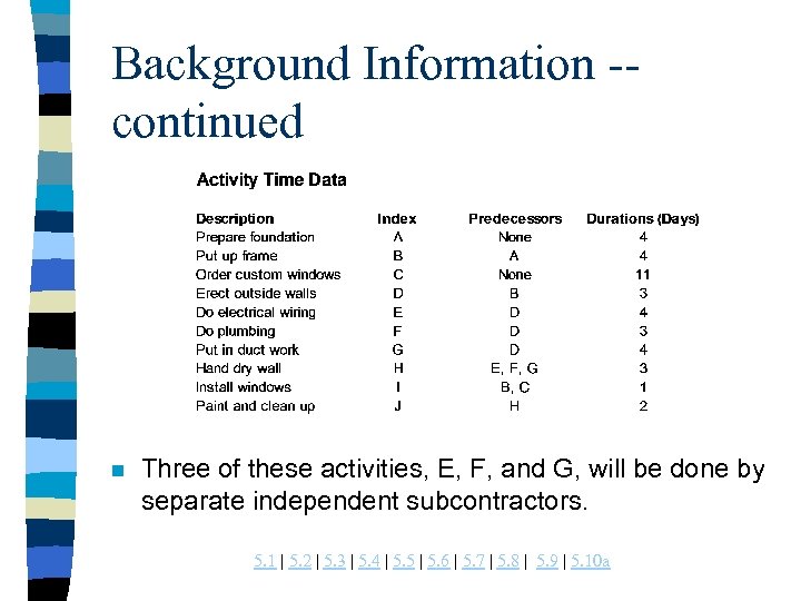 Background Information -continued n Three of these activities, E, F, and G, will be