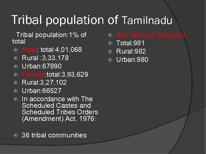 Tribal population of Tamilnadu Tribal population: 1% of total male: total: 4, 01, 068