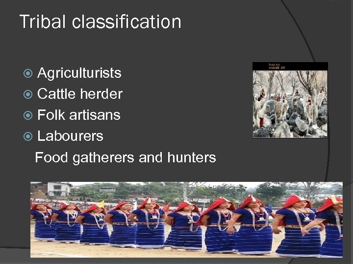 Tribal classification Agriculturists Cattle herder Folk artisans Labourers Food gatherers and hunters 