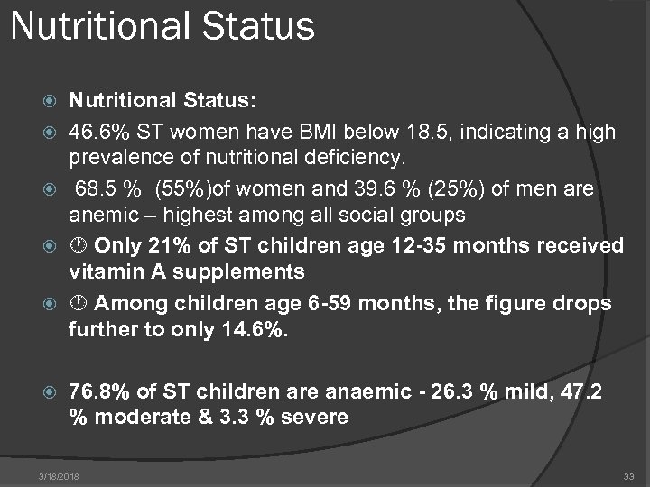 Nutritional Status Nutritional Status: 46. 6% ST women have BMI below 18. 5, indicating