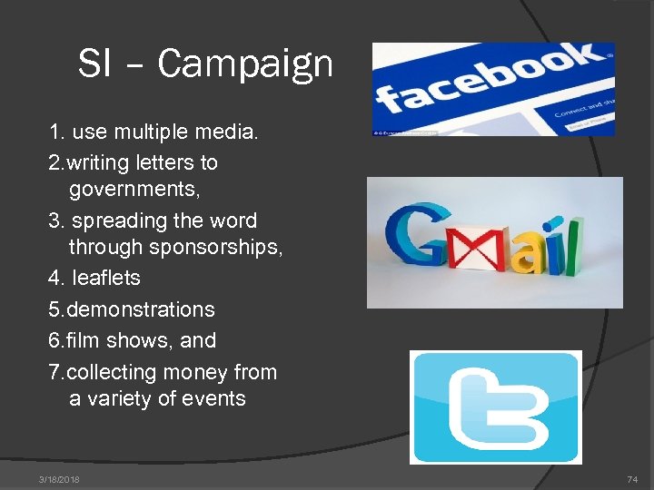 SI – Campaign 1. use multiple media. 2. writing letters to governments, 3. spreading