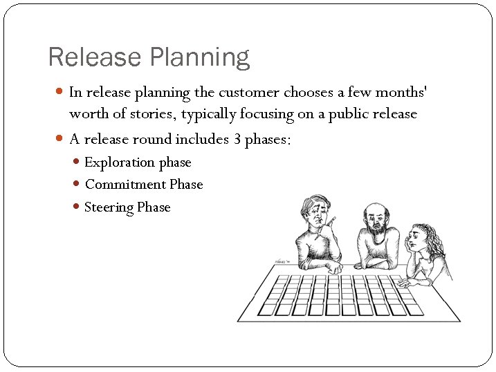 Release Planning In release planning the customer chooses a few months' worth of stories,