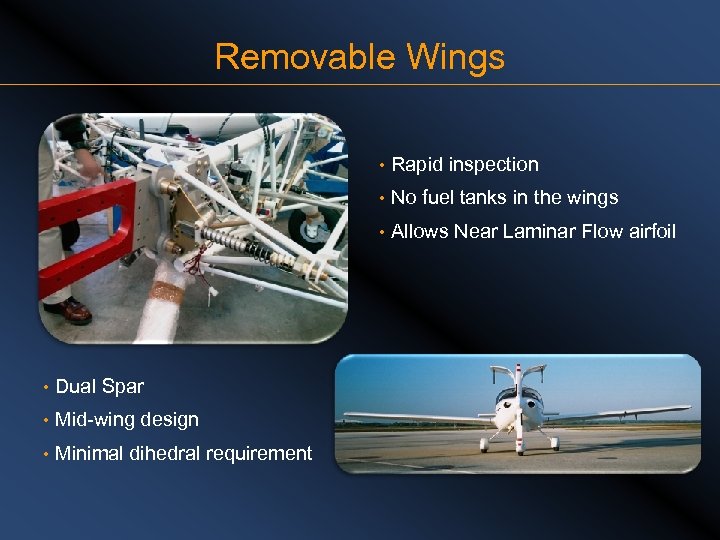 Removable Wings • Rapid inspection • No fuel tanks in the wings • Allows