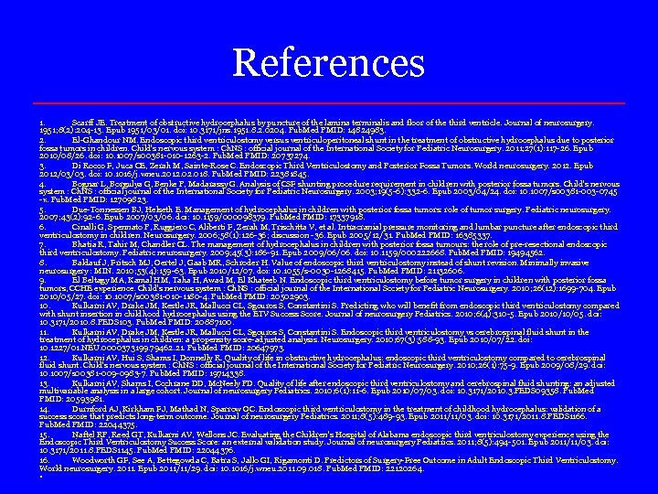 References 1. Scarff JE. Treatment of obstructive hydrocephalus by puncture of the lamina terminalis