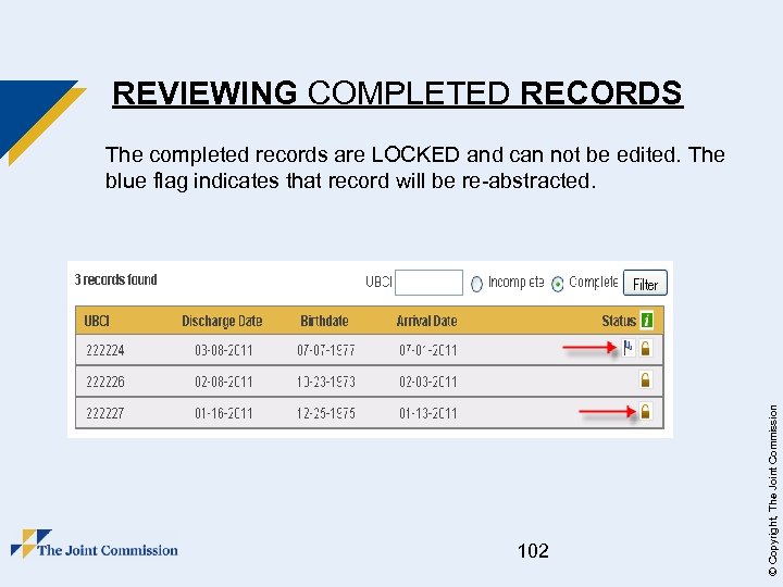 REVIEWING COMPLETED RECORDS 102 © Copyright, The Joint Commission The completed records are LOCKED