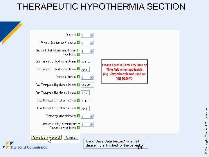 Click “Save Data Record” when all data entry is finished for the patient 96