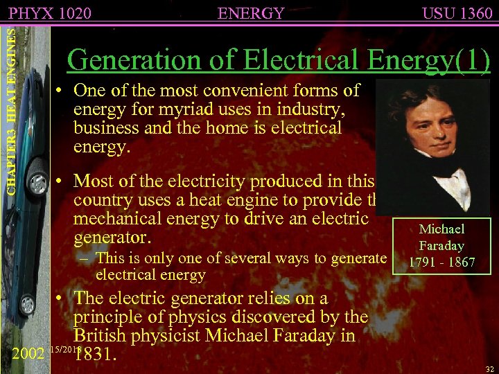 CHAPTER 3 HEAT ENGINES PHYX 1020 ENERGY USU 1360 Generation of Electrical Energy(1) •