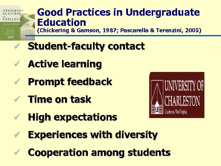 Good Practices in Undergraduate Education (Chickering & Gamson, 1987; Pascarella & Terenzini, 2005) ü