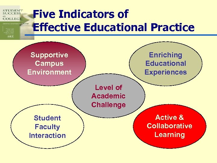 Five Indicators of Effective Educational Practice Supportive Campus Environment Enriching Educational Experiences Level of