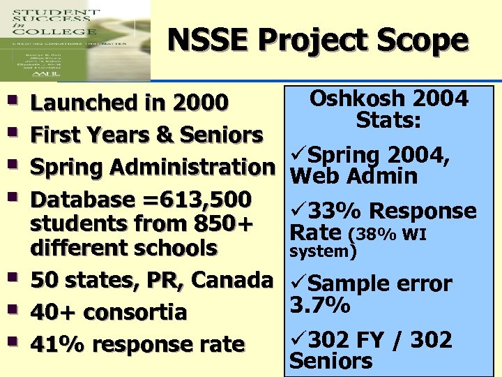 NSSE Project Scope § § § § Launched in 2000 First Years & Seniors