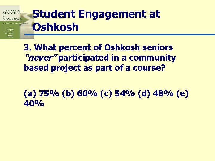 Student Engagement at Oshkosh 3. What percent of Oshkosh seniors “never” participated in a