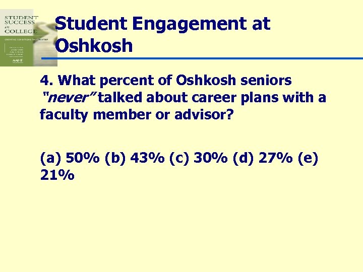 Student Engagement at Oshkosh 4. What percent of Oshkosh seniors “never” talked about career