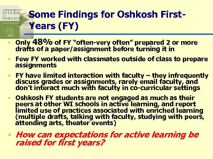 Some Findings for Oshkosh First. Years (FY) w Only 48% of FY “often-very often”