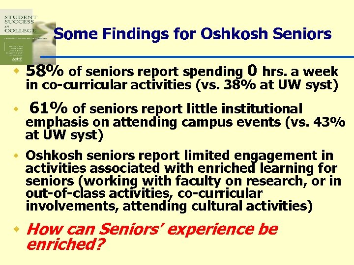 Some Findings for Oshkosh Seniors w 58% of seniors report spending 0 hrs. a