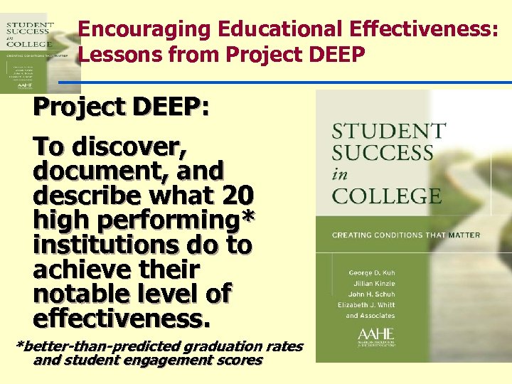 Encouraging Educational Effectiveness: Lessons from Project DEEP: To discover, document, and describe what 20