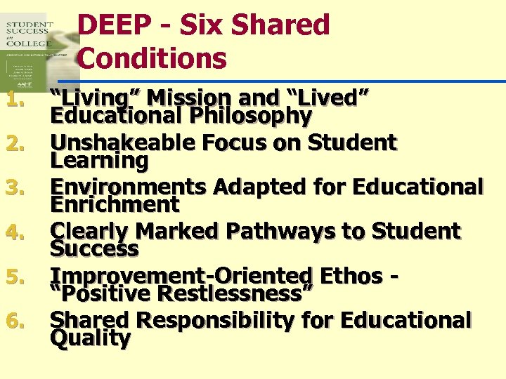 DEEP - Six Shared Conditions 1. 2. 3. 4. 5. 6. “Living” Mission and