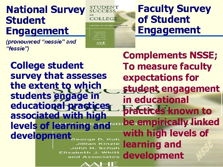 National Survey of Student Engagement (pronounced “nessie” and “fessie”) College student survey that assesses