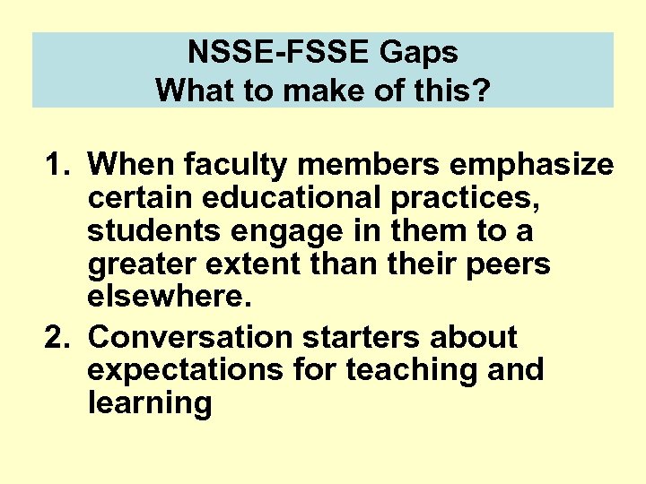 NSSE-FSSE Gaps What to make of this? 1. When faculty members emphasize certain educational