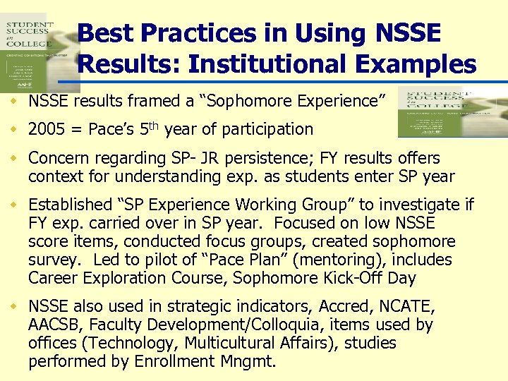 Best Practices in Using NSSE Results: Institutional Examples w NSSE results framed a “Sophomore